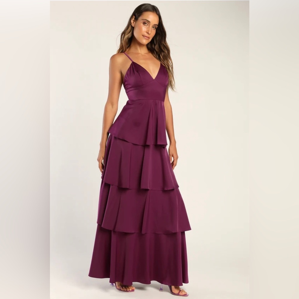 lulu’s Satin Style Layered Maxi Dress cranberry color